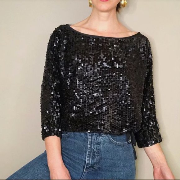 Black Sequin Open Back Crop Top - Picture 2 of 5